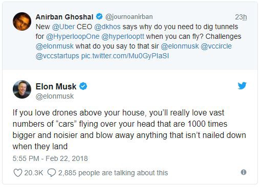  Elon Musk thẳng thừng chê ý tưởng ô tô bay của Uber trên Twitter. 