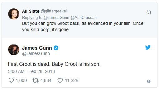  James Gunn khẳng định, Groot ở phần 1 đã tử nạn, Baby Groot phần 2 không phải Groot gốc mà chỉ là con trai của Groot mà thôi! 