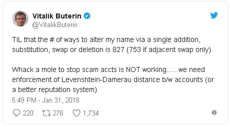  Đồng sáng lập Ethereum, Vitalik Buterin cho rằng có tới 827 cách có thể dùng để giả mạo tên anh trên Twitter. 