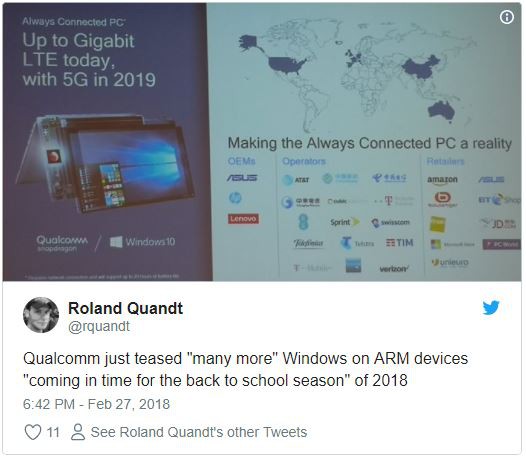  Chuyên gia tin tức Roland Quandt cho biết Qualcomm đã khẳng định sẽ ra mắt rất nhiều thiết bị Windows 10 ARM trong mùa thu năm nay. 