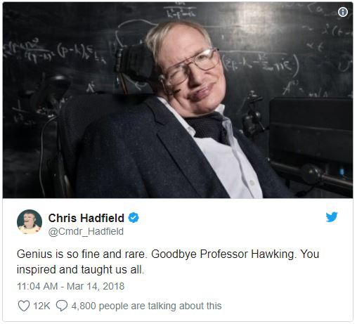  Thiên tài là những người vừa giỏi vừa hiếm. Tạm biệt giáo sư Hawking. Ông đã truyền cảm hứng và dạy rất nhiều điều cho tất cả chúng tôi. 