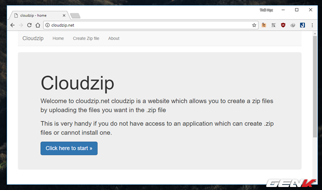  CloudZIP là dịch vụ nén dữ liệu theo định dạng ZIP miễn phí và hỗ trợ cả phiên bản di động lẫn máy tính. Sau khi truy cập, bạn hãy nhấp vào tùy chọn “Click here to start”. 