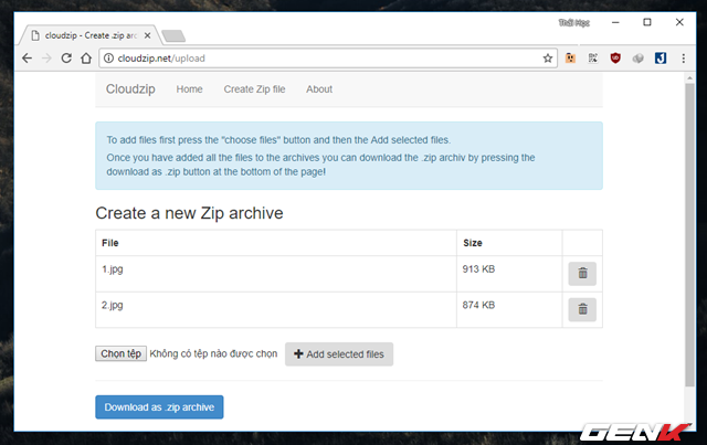 Khi đã hoàn tất việc tải lên các tập tin cần nén lại, bạn hãy nhấp vào “Download as .zip archive” để tải về gói tin nén có định dạng ZIP mà CloudZIP đã nén lại cho bạn. 