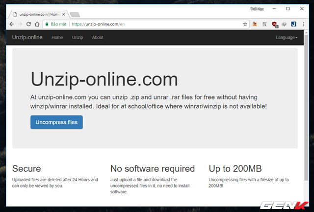  Unzip-online có giao diện khá giống với CloudZIP nhưng xét về tính năng thì nó hoàn toàn ngược lại vì dịch vụ này chỉ hỗ trợ xả nén gói tin ZIP hay RAR. Sau khi truy cập, bạn hãy nhấp vào tùy chọn “Uncompress file”. 