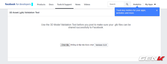  Tiếp theo, việc bạn cần làm là cho phép Facebook kiểm tra tập tin có đủ điều kiện đăng tải hay không bằng cách sử dụng công cụ “3D Asset (.glb) Validation Tool” do chính Facebook phát triển được cung cấp tại đây. 