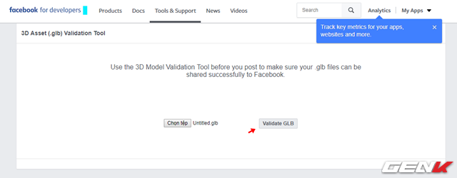  Bạn chỉ cần truy cập vào trang công cụ trên, điều hướng đến tập tin 3D trên máy tính và nhấn “Validate GLB”. 