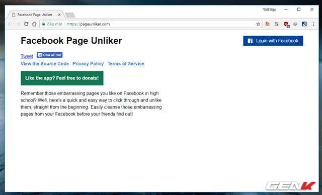  Bước 1: Truy cập vào trang Facebook Page Unliker tại đây và nhấp vào tùy chọn “Login with Facebook”. 