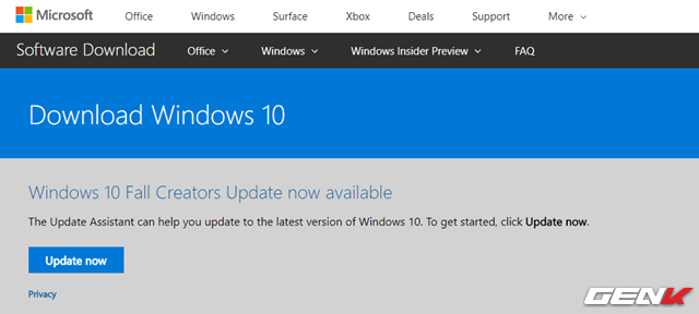  Đây là cách đơn giản nhất cho những người đang sử dụng Windows 10 và muốn chủ động cập nhật Windows 10 lên Creators Fall, các bạn chỉ cần truy cập vào đây. Sau đó nhấp vào tùy chọn “Update now”. 