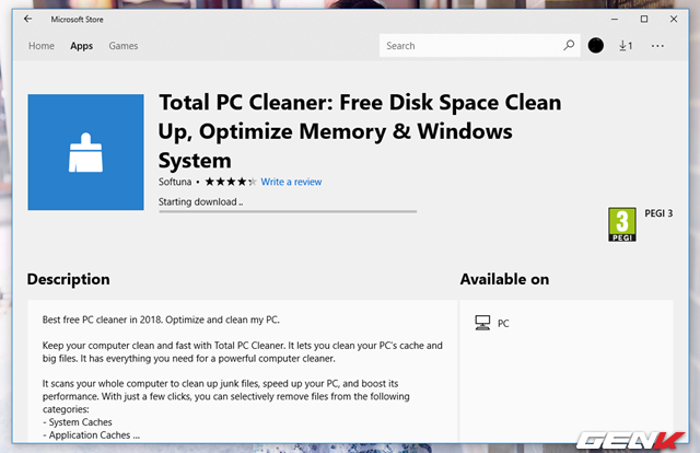  Sau khi truy cập, bạn hãy nhấn “Get” rồi “Install” để tiến hành tải và cài đặt Total PC Cleaner. 