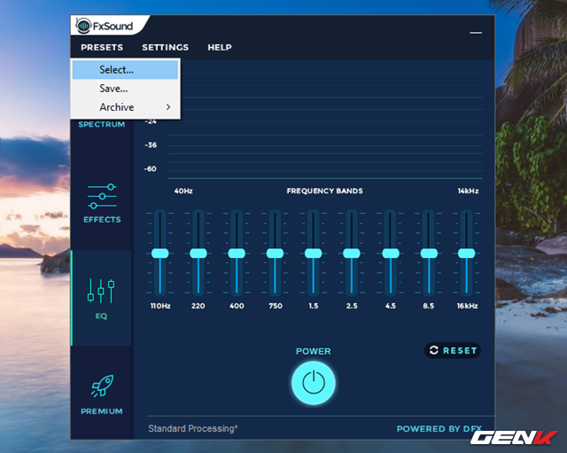 Giao diện FXSound so với DFX Audio Enhancer trong đẹp mắt hơn rất nhiều. Người dùng có thể lựa chọn các nhóm tinh chỉnh như Spectrum, Effects, EQ. Để lựa chọn một chất âm được điều chỉnh sẳn dựa theo loại nhạc bạn hay nghe, hãy nhấp vào Presets và chọn Select… 