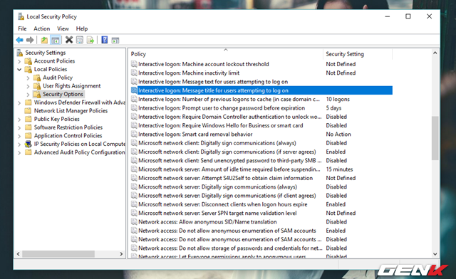  Bước 3: Nhấp đôi chuột vào dòng “Interactive logon: Message title for users attempting to log on” ở khung bên phải. 