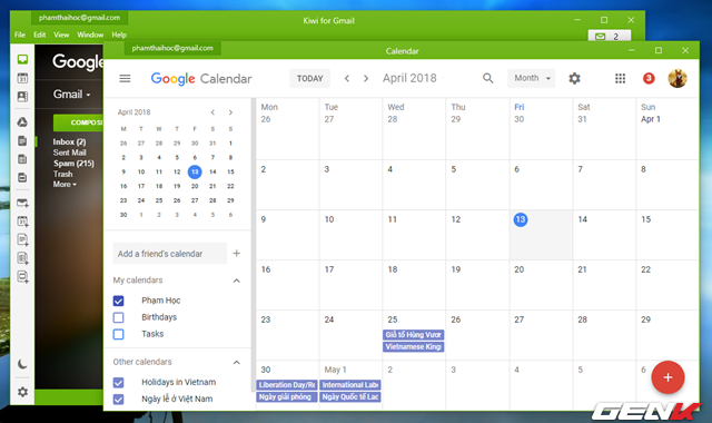  Các ứng dụng trong G-Suite như Docs, Sheets, Slides, Drive, Calendar được sắp xếp theo biểu tượng ở cạnh trái giao diện Kiwi for Gmail, Khi bạn nhấp vào, cửa sổ Kiwi mới sẽ mở ra và hiển thị giao diện ứng dụng Google mà bạn đã nhấp. 