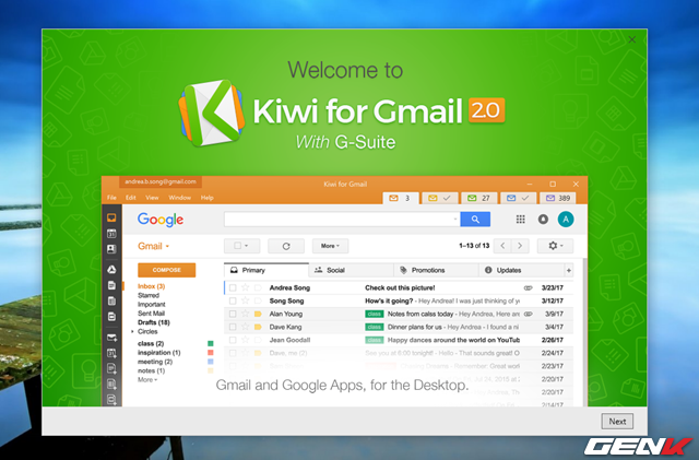  Đồng thời, giao diện giới thiệu tính năng và hướng dẫn của Kiwi for Gmail sẽ hiển ra. Bạn có thể tham khảo để hiểu hơn về phần mềm này. 