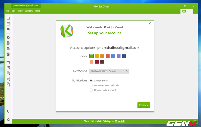  Tiếp theo sẽ là phần thiết lập một số các tùy chọn cá nhân trong Kiwi for Gmail. 