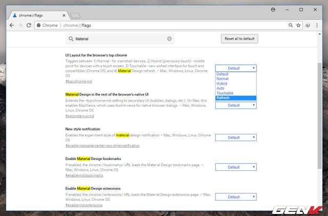  Bước 4: Tiến hành thay đổi lựa chọn ở tùy chọn “UI Layout for the browser’s top chrome” thành “Refresh”. 