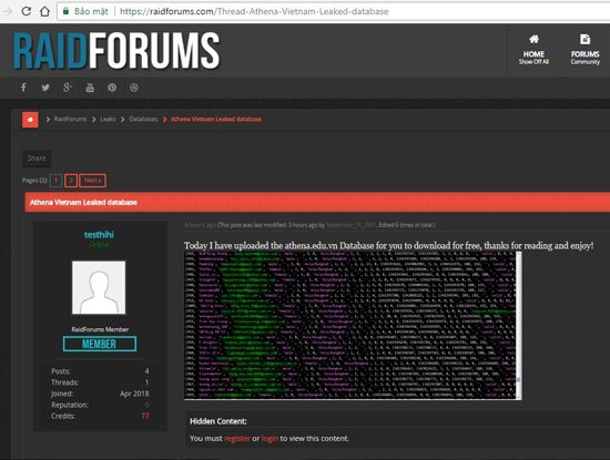 Sau VNG, đến lượt Trung tâm An ninh mạng Athena bị hack và chia sẻ dữ liệu lên diễn đàn Raidforums.com - Ảnh 1.