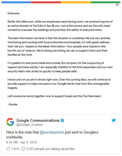  CEO Sundar Pichai đã đăng tải một thông báo để trấn an đội ngũ nhân viên của YouTube. 