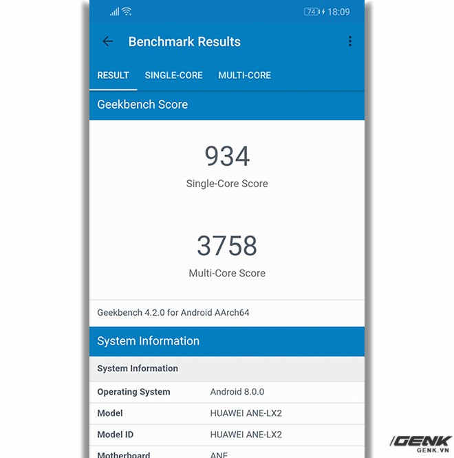  Tiếp đến là GeekBench 4, máy đạt 934 điểm đơn nhân và 3758 điểm đa nhân. Con số khá ấn tượng so với các máy ở cùng phân khúc. 