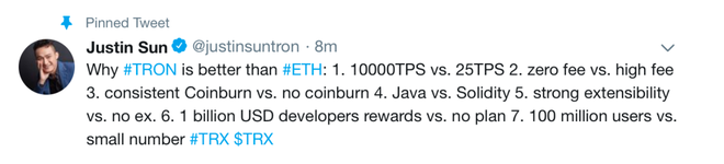  7 lý do tại sao TRON tốt hơn ETH được đăng trên Twitter của Justin Sun, CEO TRON. 