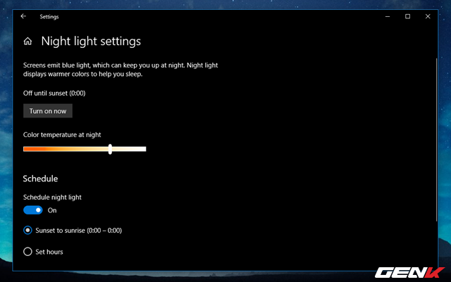 Cách thiết lập tự động kích hoạt tính năng lọc ánh sáng xanh khi đêm xuống trên Windows 10 April 2018 - Ảnh 11.