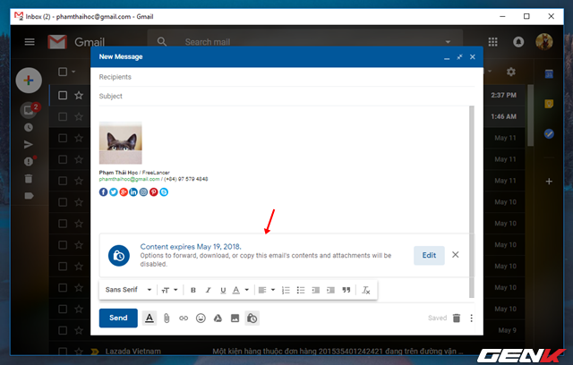  Bước 4: Sau khi đã thiết lập xong, bạn sẽ được đưa trở lại giao diện soạn thảo email trước đó. Tuy nhiên, trong ô soạn thảo sẽ xuất hiện thêm khung thông báo về thời gian tự hủy email theo như thiết lập từ bạn. 