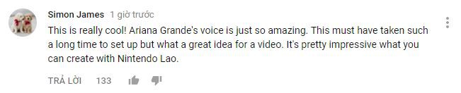  Thật tuyệt vời! Giọng hát của Ariana thật ấn tượng. Chắc hẳn họ đã tốn rất nhiều thời gian để chuẩn bị cho màn trình diễn này nhưng ý tưởng thì không chê vào đâu được. Và thật bất ngờ với những gì mà bạn có thể tạo ra với bộ phụ kiện Labo của Nintendo. 