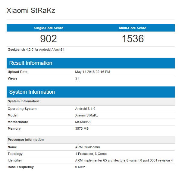 Thiết bị Xiaomi với tên mã StRaKz bất ngờ xuất hiện trên Geekbench, chip Snapdragon 625, 4GB RAM - Ảnh 1.