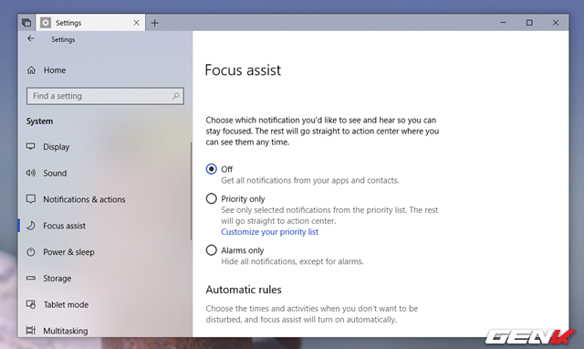  Mặc định Focus Assist sẽ không được kích hoạt (Off). Và bên dưới là 02 lựa chọn chế độ để bạn lựa chọn và sử dụng, bao gồm Priority only và Alarms only. 