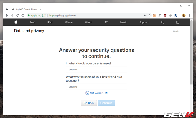  Quá trình đăng nhập Apple sẽ yêu cầu bạn nhập câu hỏi bảo mật mà trước đó bạn đã nhập khi đăng ký tài khoản mới có thể tiếp tục thao tác. 
