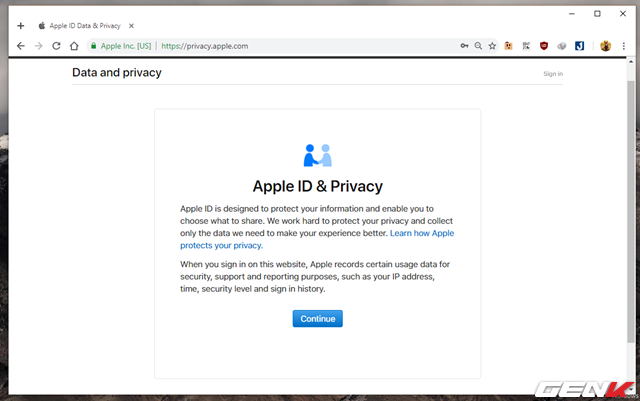  Bước 2: Hoàn tất đăng nhập, bạn sẽ được Apple trình bày các nội dung điều khoản về dữ liệu riêng tư khi sử dụng dịch vụ có liên quan đến tài khoản Apple. Hãy nhấn Continue để tiếp tục. 