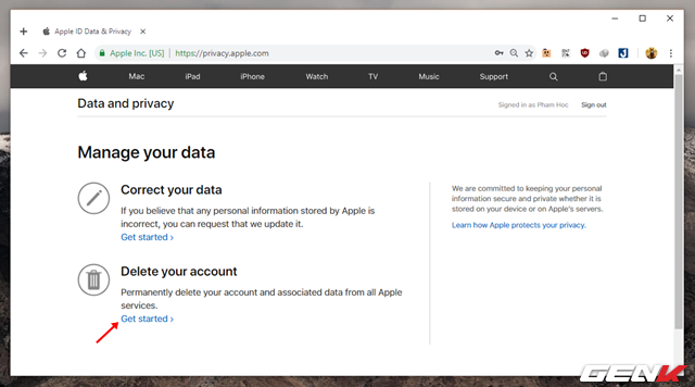  Bước 3: Lúc này, Apple sẽ đưa ra cho bạn 02 lựa chọn thao tác, bao gồm “Correct your data” và “Delete your account”. Hãy nhấp vào tùy chọn “Get started” bên dưới dòng Delete your account. 