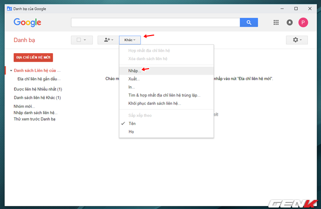  Google Contact sẽ tải lại và chuyển sang giao diện cũ. Khi tải xong, bạn hãy nhấp vào “Khác” và nhấp tiếp vào lựa chọn “Nhập…”. 