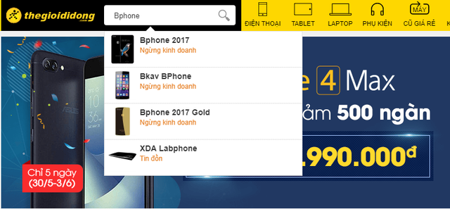  Tất cả c&aacute;c sản phẩm Bphone đều đ&atilde; ngừng b&aacute;n tại chuỗi Thegioididong 