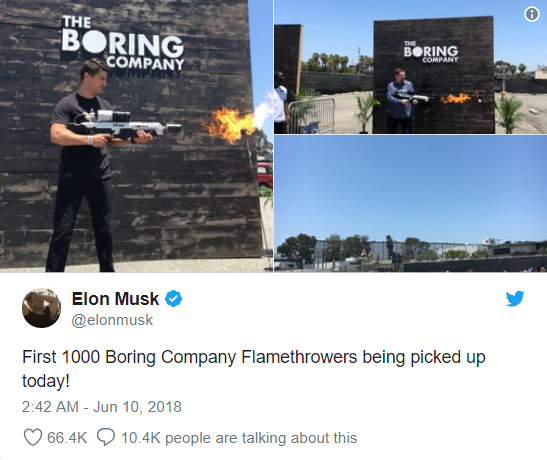 Vừa suýt khóc tại cuộc họp cổ đông, Elon Musk đã phấn khởi đăng tweet về việc bán được 1000 súng phun lửa - Ảnh 1.