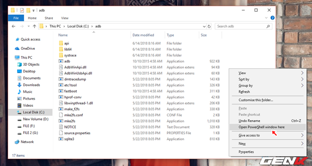  Bước 4: Trên máy tính, hãy tìm đến thư mục “adb” tại phân vùng “C”, nhấn và giữ phím SHIFT trên bàn phím và nhấn phải chuột vào khoản trắng, chọn lệnh “Open PowerShell windows here” (với Windows 10) hoặc “Open command prompt here” (với phiên bản Windows thấp hơn) để mở cửa sổ dòng lệnh. 