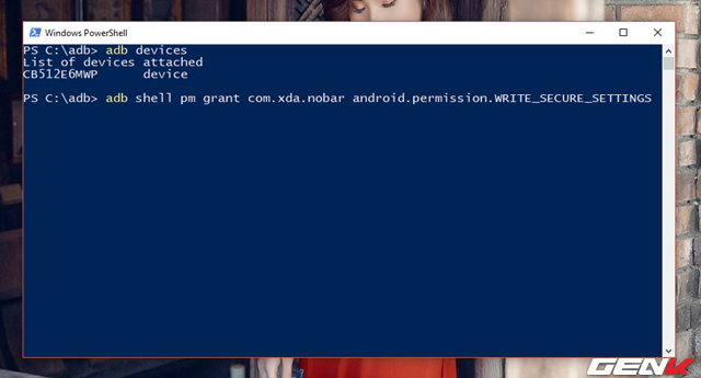  Bước 7: Khi đã xác nhận xong, bạn hãy tiếp tục nhập lệnh “adb shell pm grant com.xda.nobar android.permission.WRITE_SECURE_SETTINGS” vào cửa sổ dòng lệnh và nhấn phím ENTER để thực thi. 