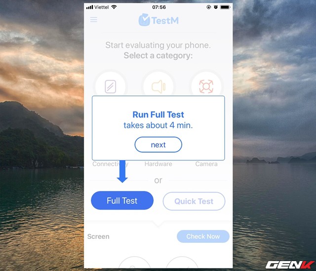  Giao diện chính của TestM hiện ra. Ở đây ứng dụng sẽ gợi ý cho bạn 02 lựa chọn chế độ thực hiện việc kiểm tra thiết bị với các bài test đầy đủ trong 04 phút (Full Test) 