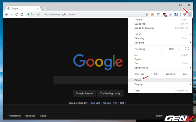  Nhấp vào biểu tượng menu mở rộng của Google Chrome và nhấp vào Cài đặt. 