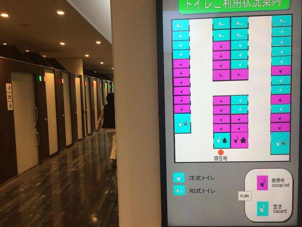  Đi toilet ở Nhật, bạn sẽ không giật mình đến mức rơi nhiều thứ ra quần nếu có ai đạp cửa xông vào vì tưởng phòng trống. Toilet công cộng ở Nhật có cả một hệ thống hiển thị xem phòng nào đang có người dùng, phòng nào không. 