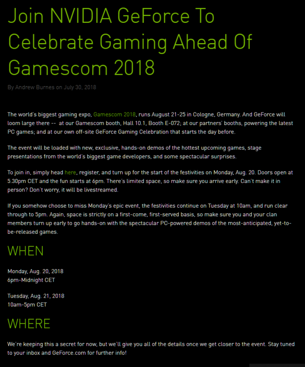 NVIDIA xác nhận tổ chức sự kiện dành riêng cho dòng card GeForce tại Gamescom 2018, GTX 11-series sắp lộ diện? - Ảnh 1.