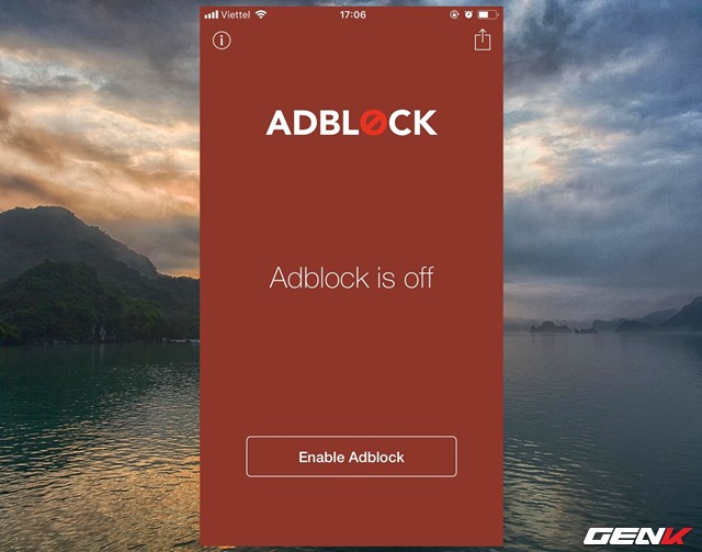  Sau khi trải qua phần mở màn, giao diện chính của Adblock Mobile sẽ hiện ra. Mặc định Adblock Mobile sẽ không kích hoạt, bạn hãy nhấp vào tùy chọn “Enable Adblock” để kích hoạt nó. 