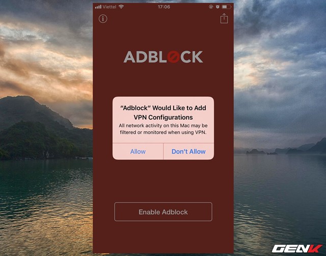  Như đã nói, do lần đầu sử dụng nên bạn cần phải cho phép ứng dụng được quyền cài đặt cấu hình VPN mà Adblock Mobile chỉ định vào hệ thống. Bạn hãy nhấn “Allow” để xác nhận cho phép. 