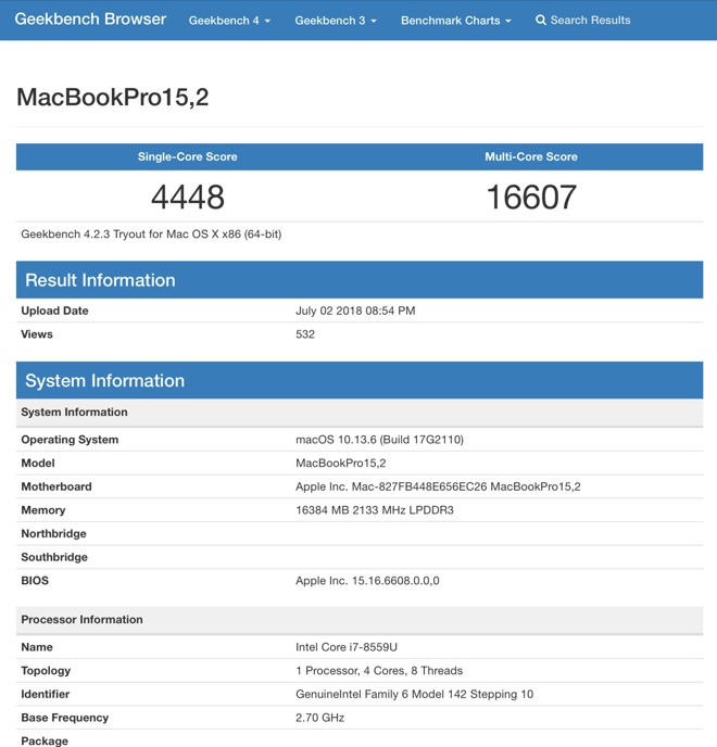 MacBook Pro 13 inch mới với chip Intel Coffee Lake xuất hiện trên Geekbench - Ảnh 1.