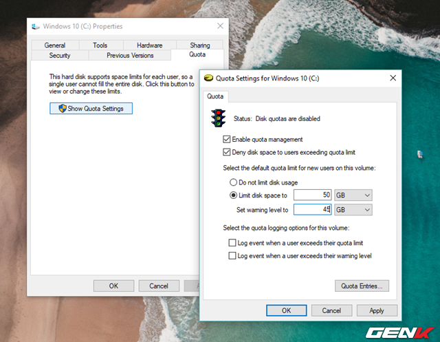  Ví dụ như ở đây ta sẽ đặt giới hạn lưu trữ cho phân vùng hệ thống là 50GB, và cho phép Windows ra cảnh báo khi dung lượng lưu trữ gần đạt đến con số 45GB. 