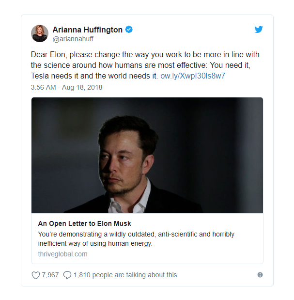Tổng biên tập Huffington Post khuyên đừng thức đêm nữa, Musk đáp trả bằng dòng tweet lúc 2 rưỡi sáng - Ảnh 1.