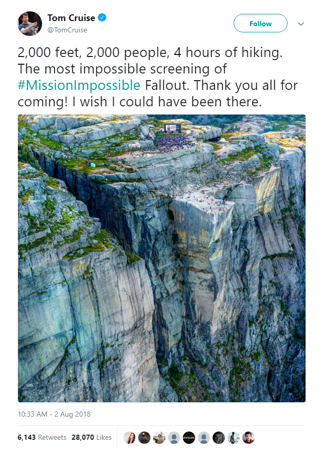 2000 fan hâm mộ đã xem Mission: Impossible - Fallout ở vách núi dựng đứng cao 609m, nơi cảnh hành động lớn nhất diễn ra - Ảnh 1.