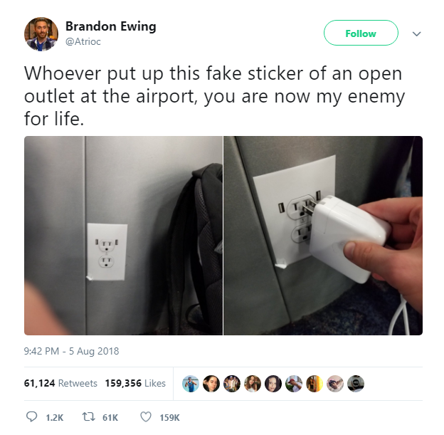 Sticker giả ổ cắm điện dán ở sân bay chính là trò đùa dã man nhất năm 2018 - Ảnh 1.