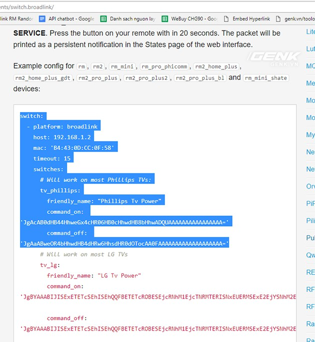  Copy phần config bên trang component của broadlink 