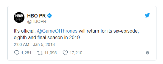 HBO chính thức thông báo: Đến năm 2019 chúng ta mới được xem 6 tập trong phần cuối của Game of Thrones - Ảnh 1.