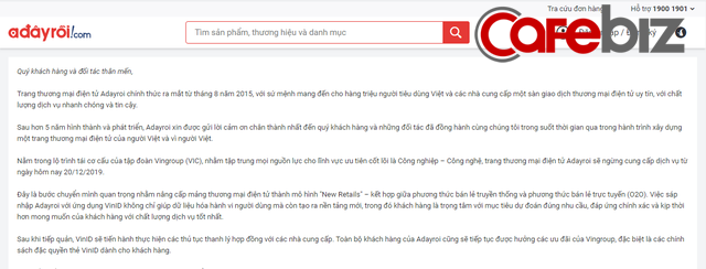 Adayroi của Vingroup biên tâm thư chính thức ngừng bán hàng, nhắm nâng cấp mảng TMĐT thành mô hình New Retails - Ảnh 1.